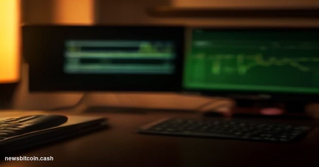 Cinematic photorealistic editorial photograph of a Bloomberg-style trading terminal in a darkened financial newsroom, dual mo
