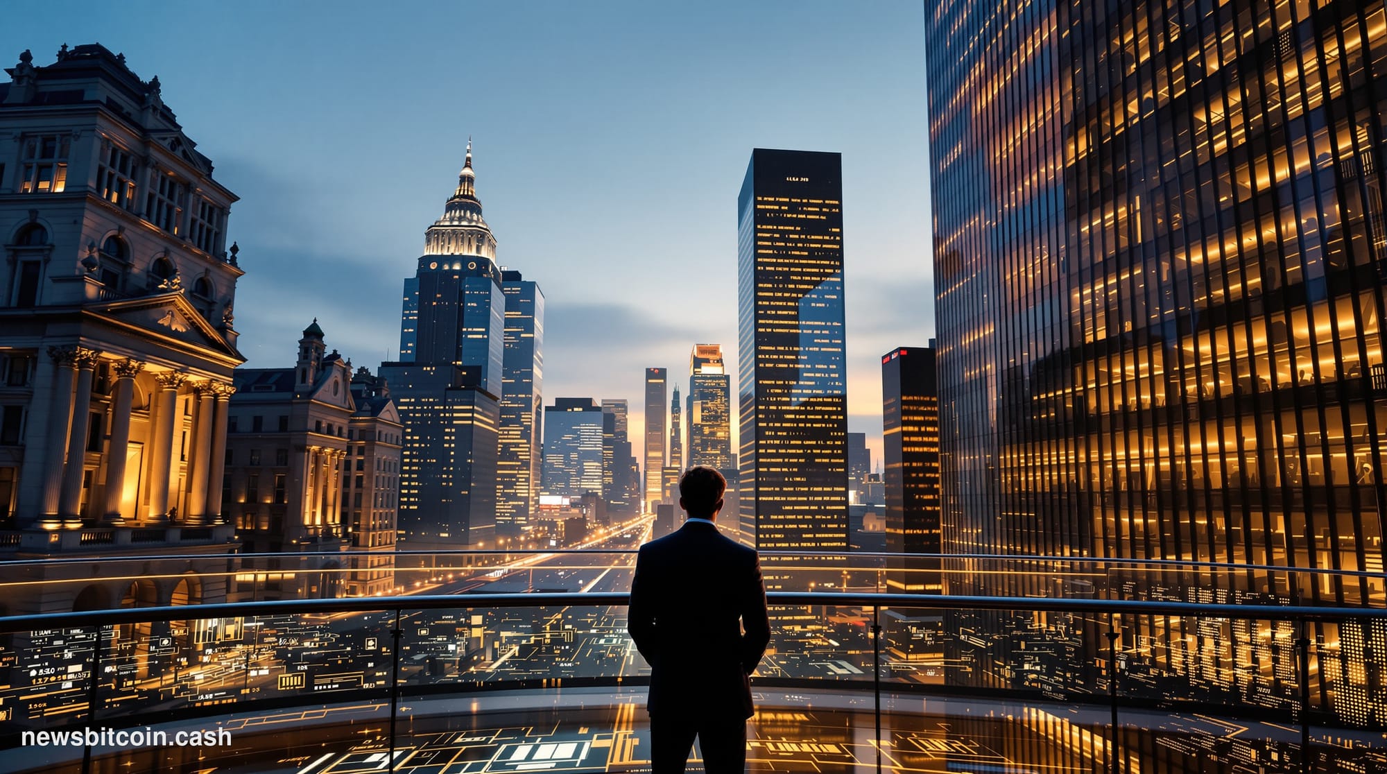 A cinematic photorealistic editorial photograph shot from a low angle looking up at a split-screen urban financial district s