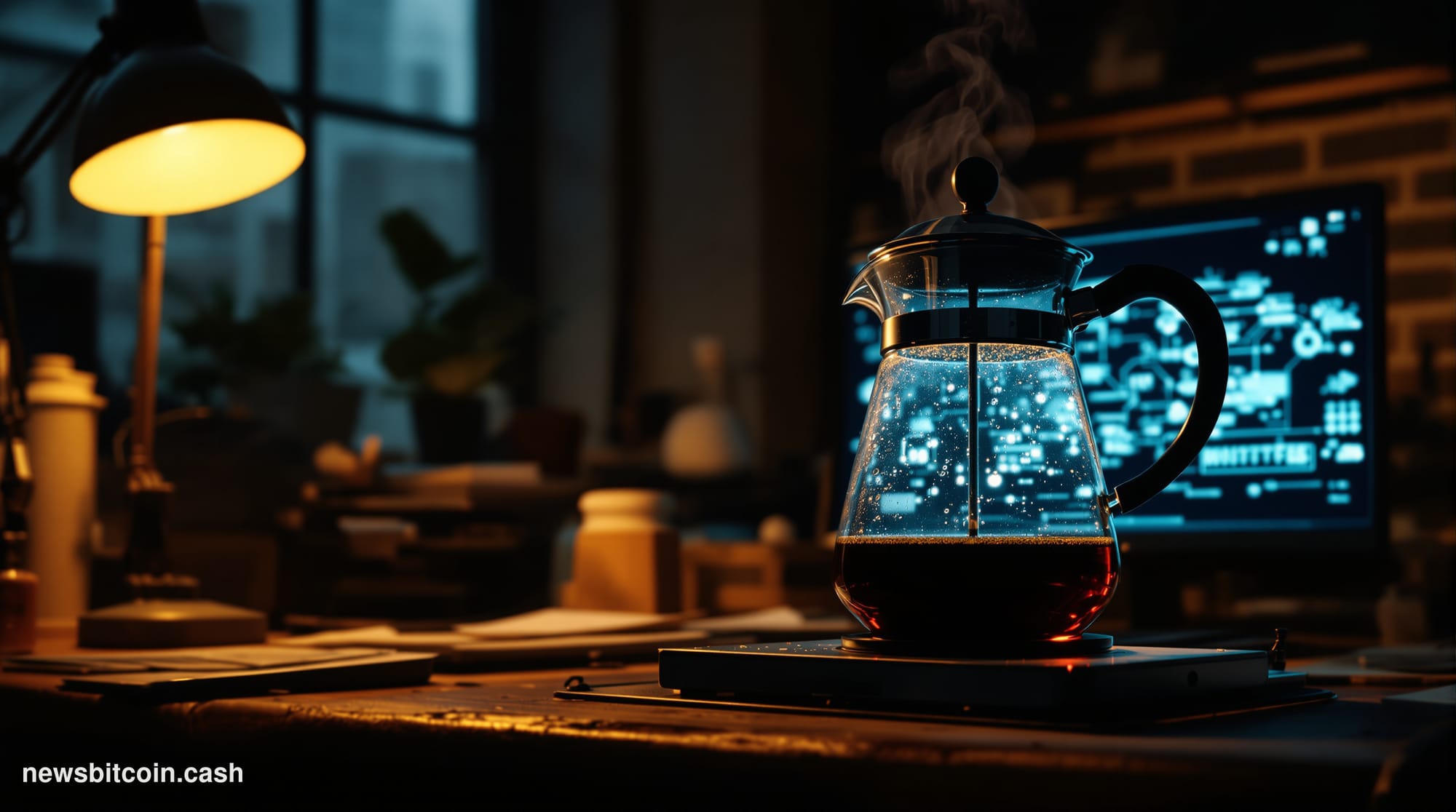 Cinematic photorealistic editorial photograph of a vintage 1990s-era glass coffee pot sitting on a worn laboratory hotplate, 