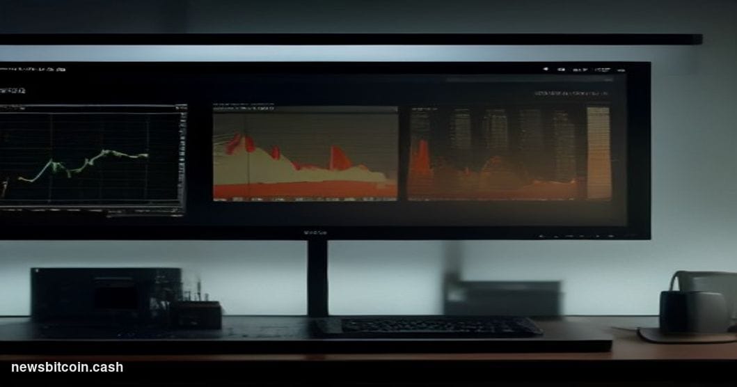 Cinematic photorealistic editorial photograph of a large digital trading terminal in a dimly lit financial analysis room, wit