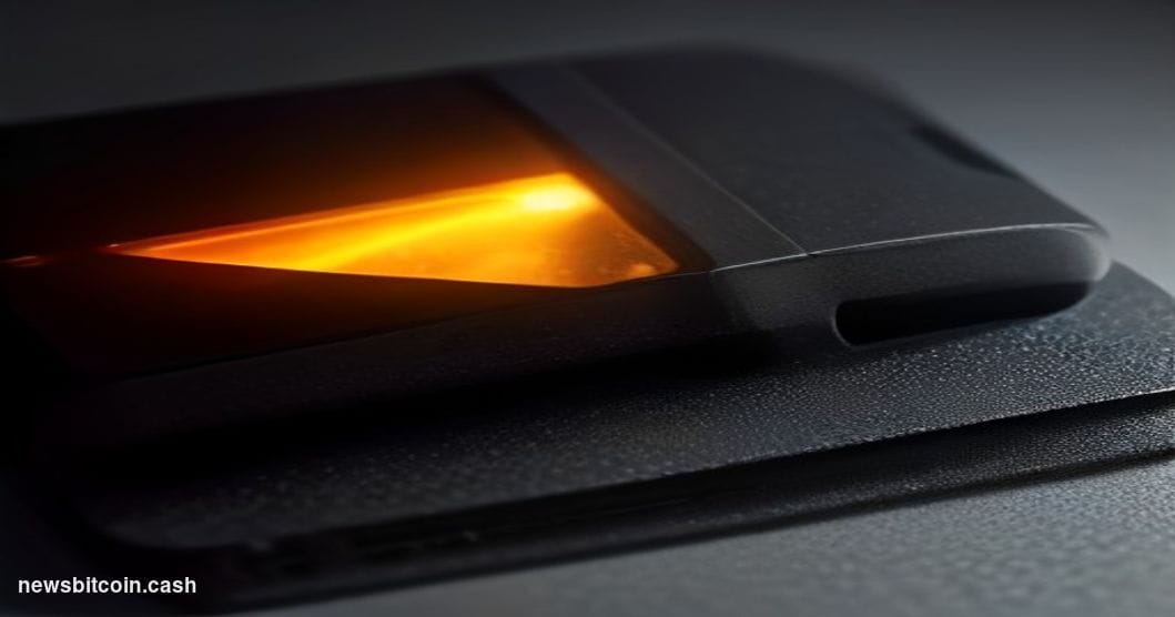 Cinematic photorealistic editorial photograph of a Coldcard hardware wallet device sitting on a dark matte surface, cracked d