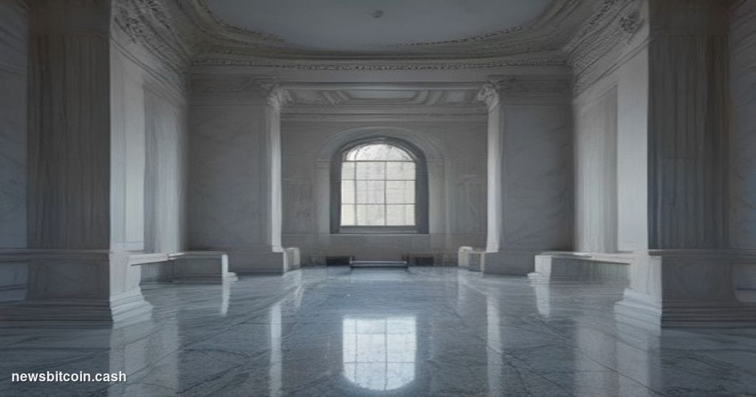 A cinematic photorealistic editorial photograph set inside a grand, neoclassical Federal Reserve bank interior — marble colum
