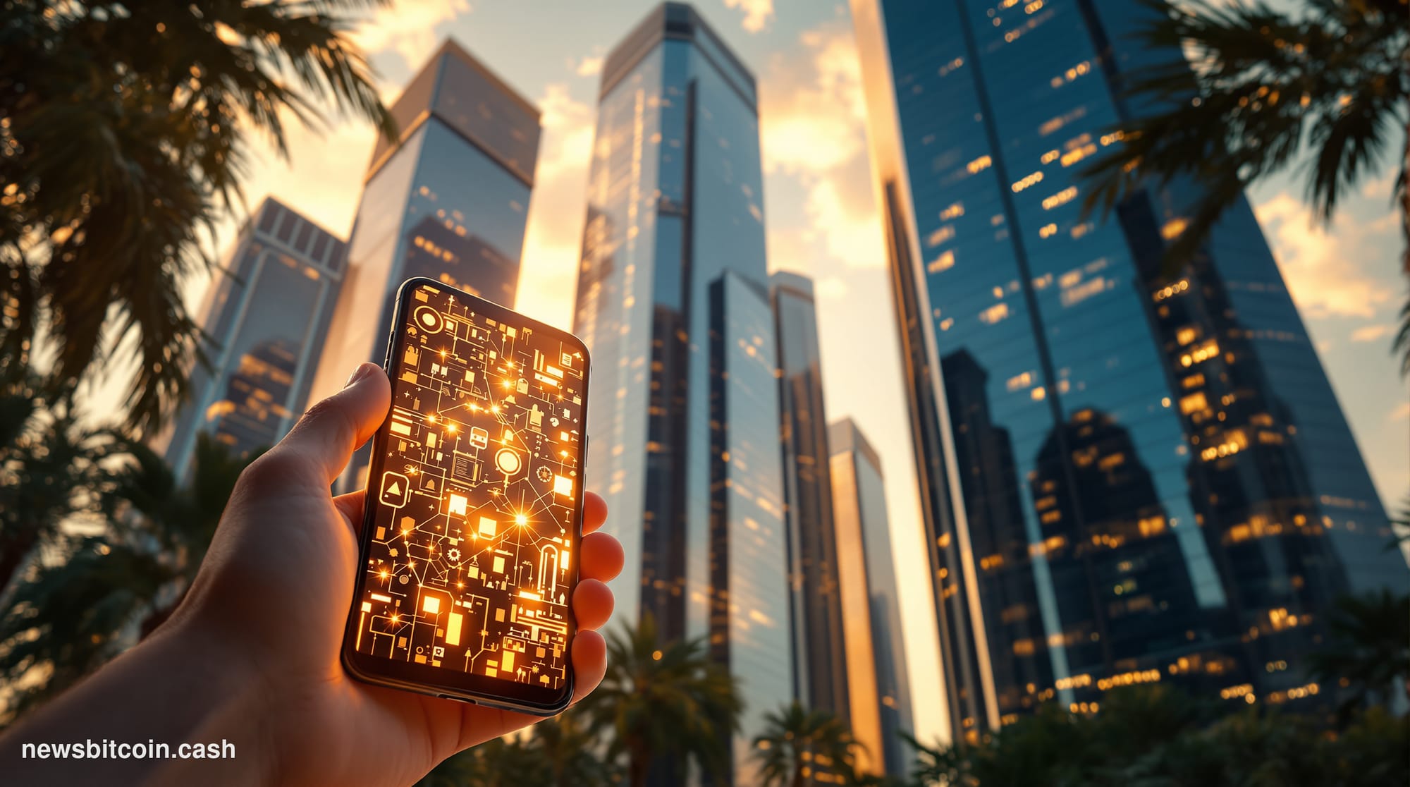 Cinematic photorealistic editorial photograph shot at golden hour from a low angle looking upward at a cluster of bold modern
