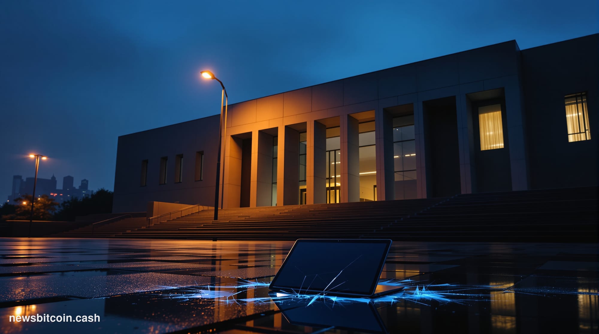 Cinematic photorealistic editorial photograph of a stark South Korean courthouse exterior at dusk, its brutalist concrete fac