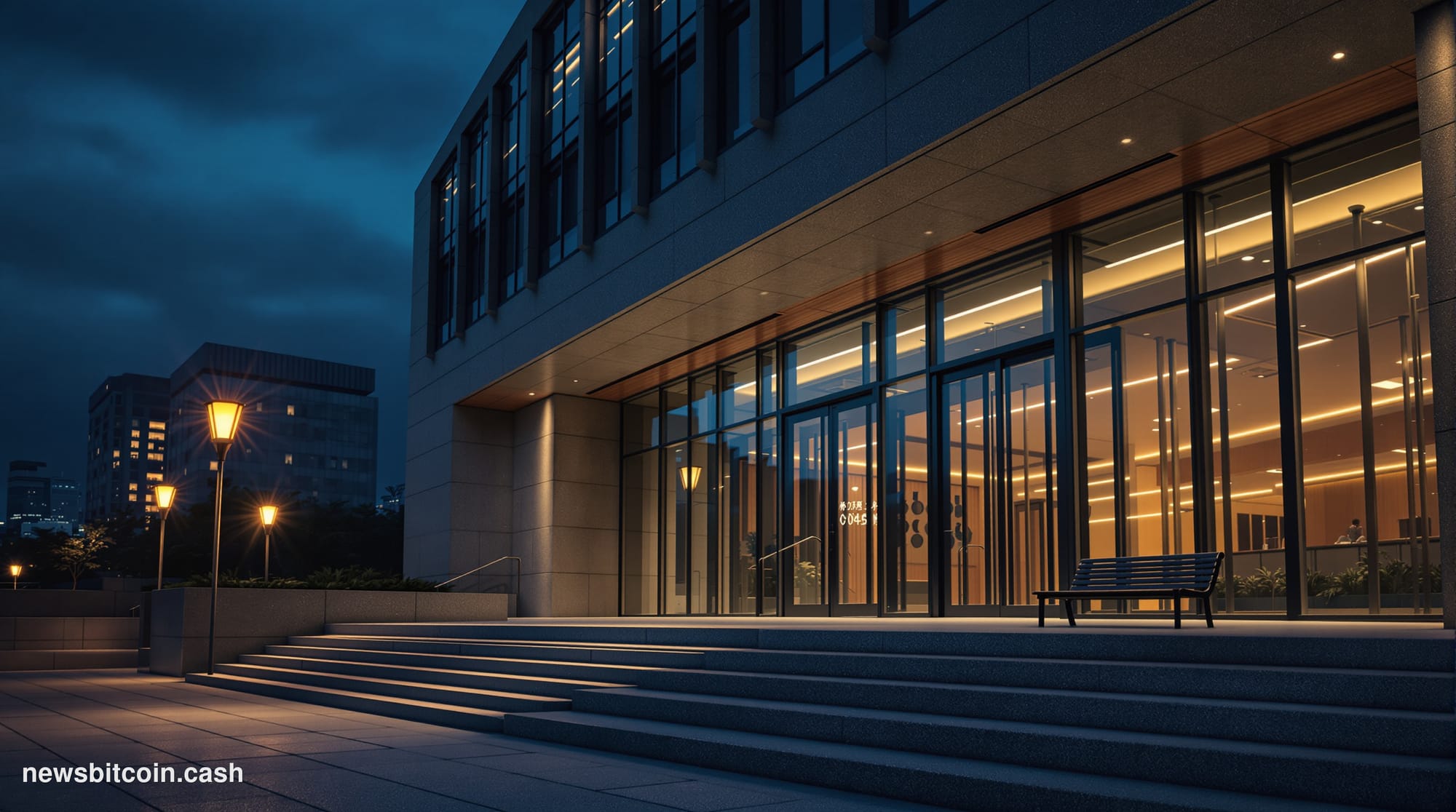 Cinematic photorealistic editorial photograph of a South Korean courthouse exterior at dusk, with the distinctive modernist a