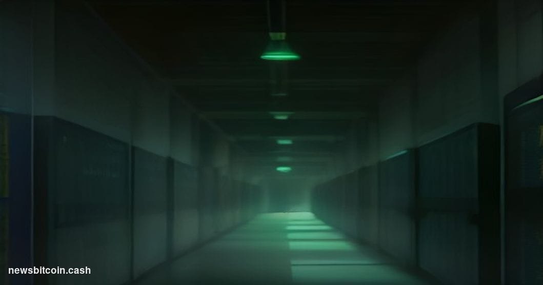 Cinematic photorealistic editorial photograph set in a dimly lit data center corridor, late-night atmosphere with blue and am