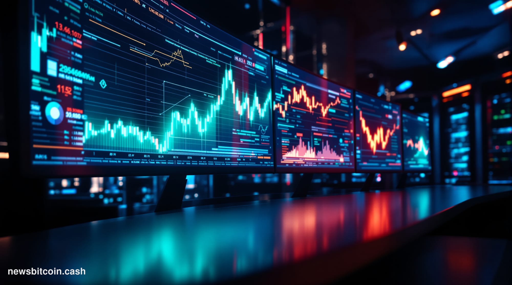 Cinematic photorealistic editorial photograph of a dimly lit cryptocurrency trading floor environment, viewed from a low angl