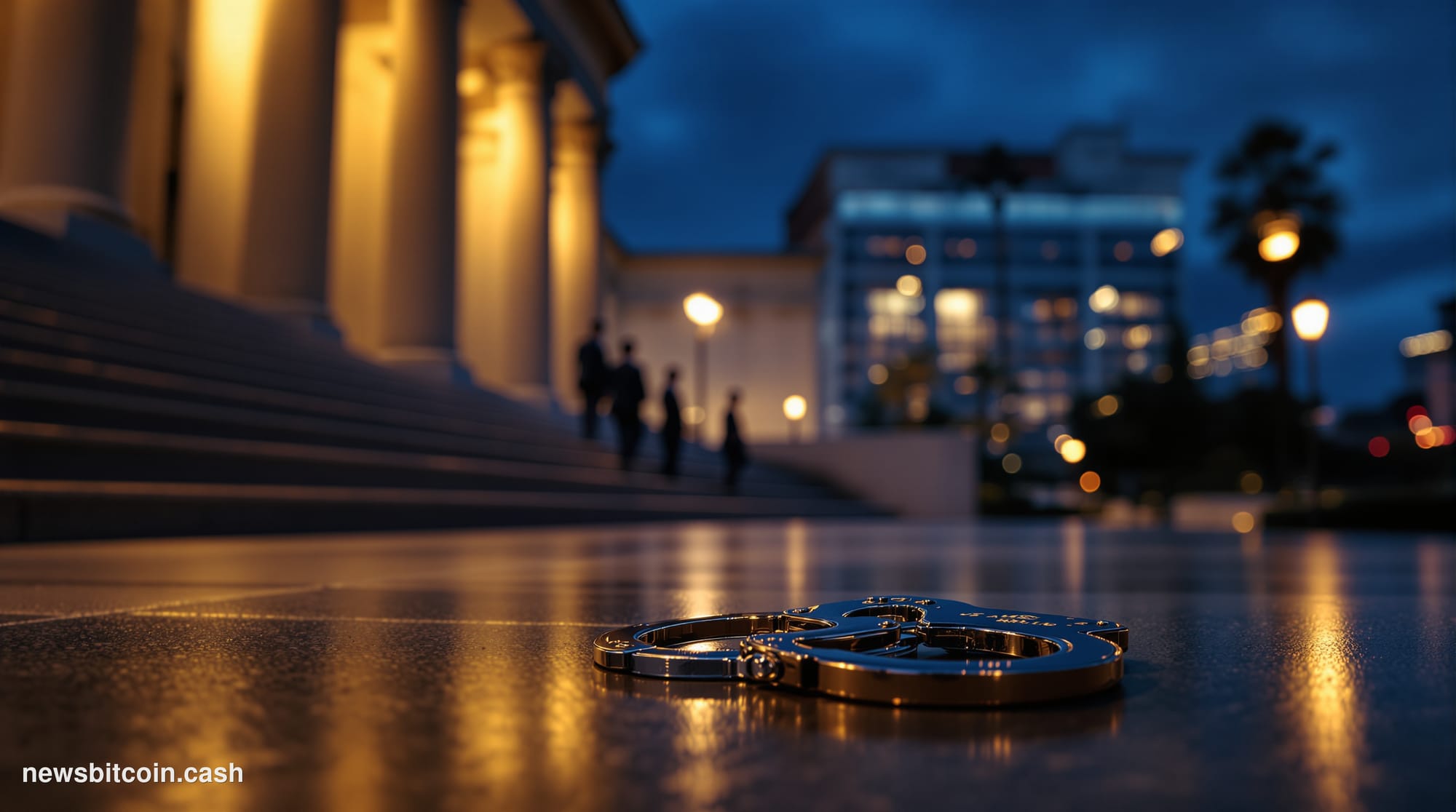 Cinematic photorealistic editorial photograph of a federal courthouse exterior in Los Angeles, shot from a low angle at dusk 