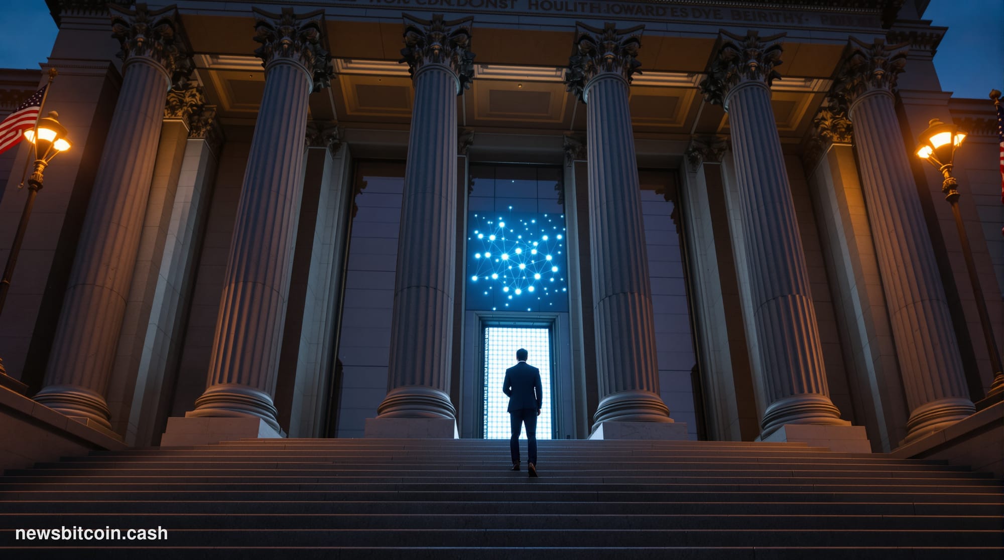 Cinematic photorealistic editorial photograph of a grand state government building façade — marble columns, American flags fl