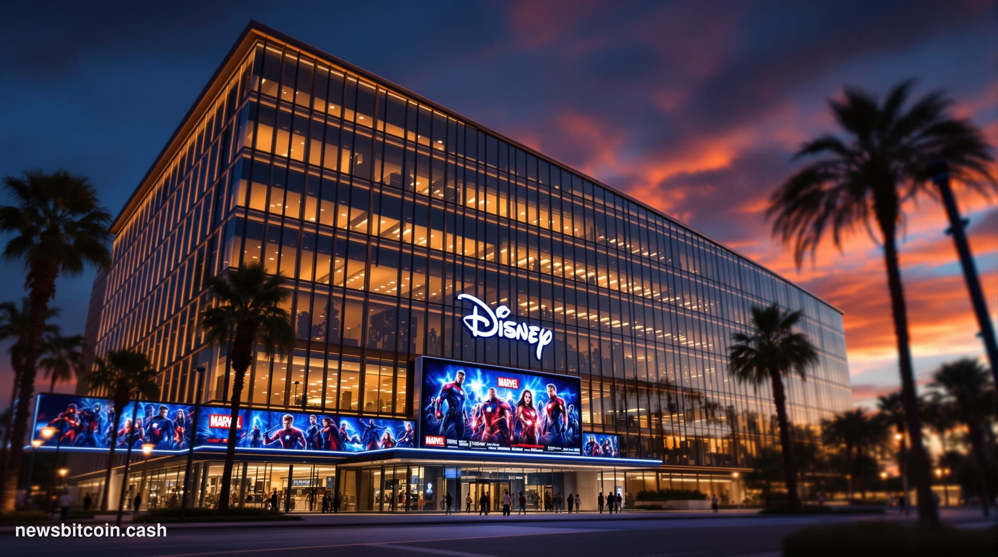 Cinematic photorealistic editorial photograph of a Disney corporate headquarters exterior in Burbank, California, shot at dus