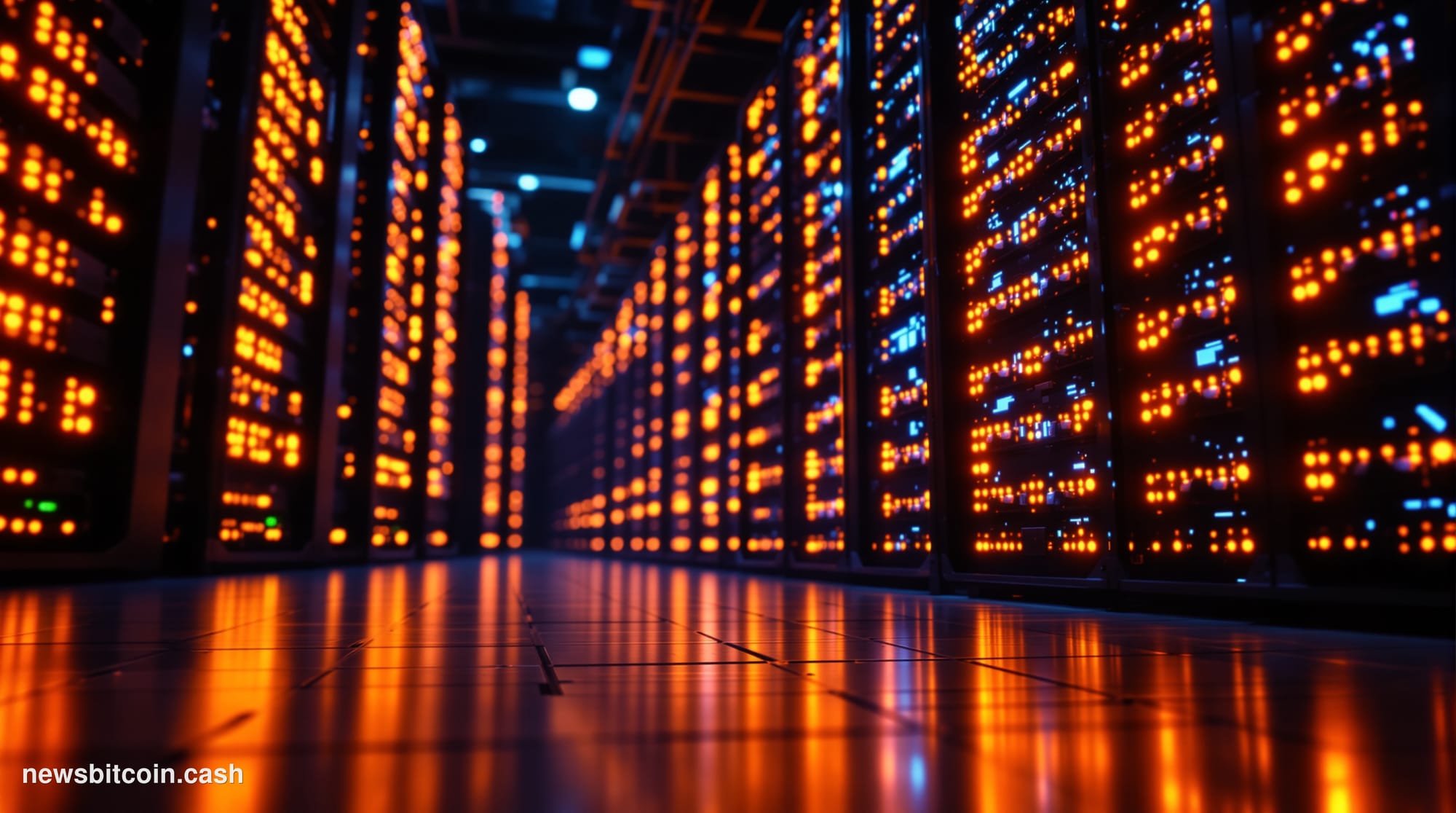 A cinematic photorealistic editorial photograph set inside a large-scale Bitcoin mining facility, shot from a low angle looki