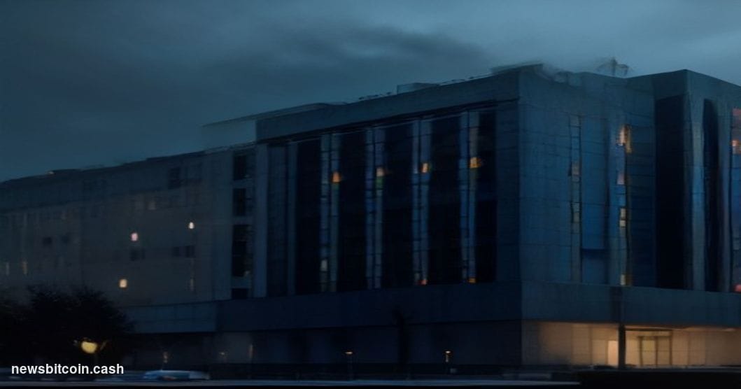 Cinematic photorealistic editorial photograph of the J. Edgar Hoover FBI headquarters building in Washington D.C. at night, s