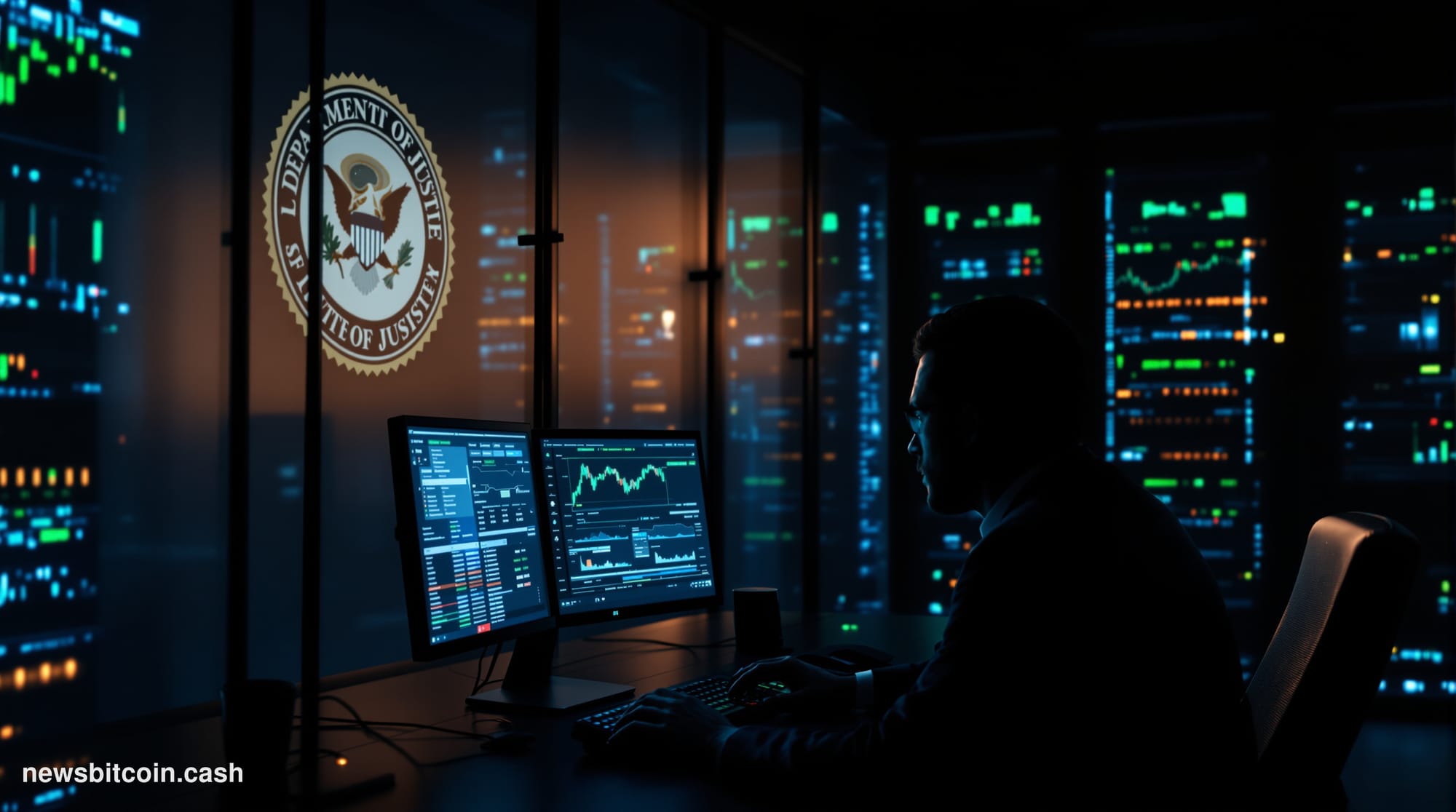 Cinematic photorealistic editorial photograph set inside a dimly lit server room with rows of humming computer towers, their 
