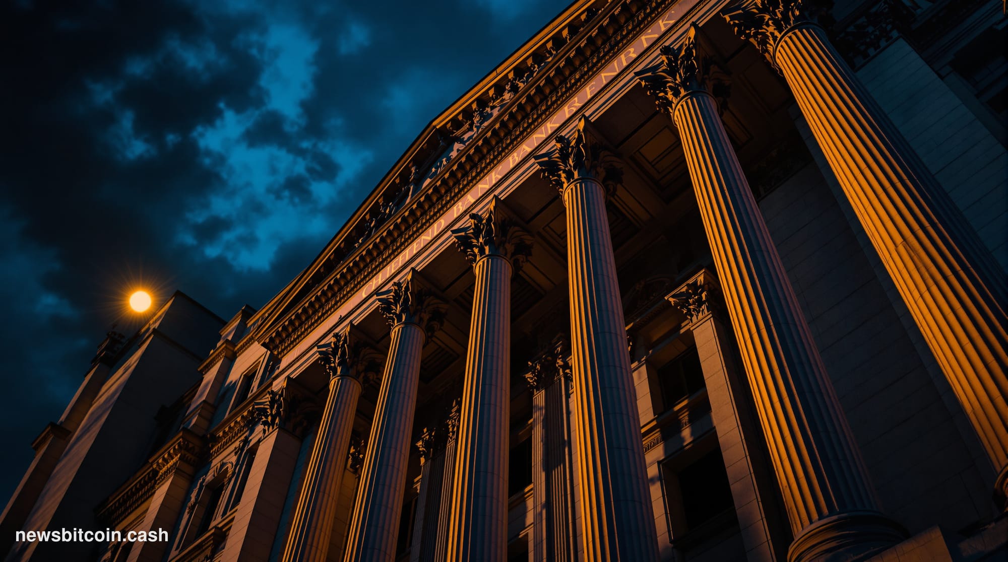 Cinematic photorealistic editorial photograph shot from a low angle looking up at the imposing granite facade of a central ba