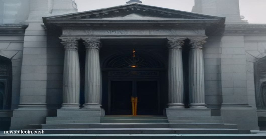 Cinematic photorealistic editorial photograph of a monolithic marble bank building facade with heavy iron doors slightly ajar