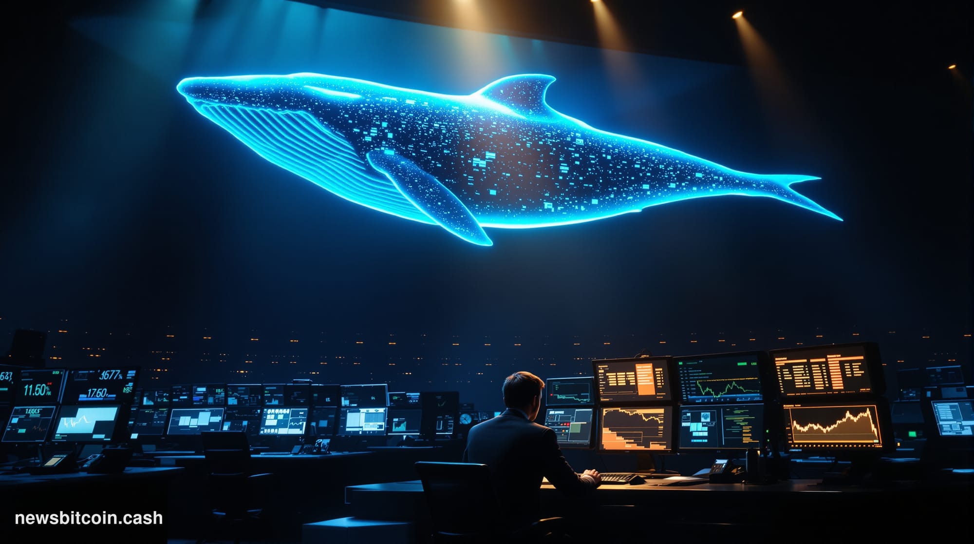 Cinematic photorealistic editorial photograph of a deep-sea whale silhouette rendered as a glowing holographic projection abo