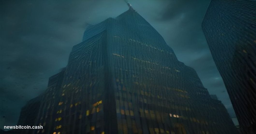 Cinematic photorealistic editorial photograph of the DTCC headquarters building in Lower Manhattan, New York, shot from a low
