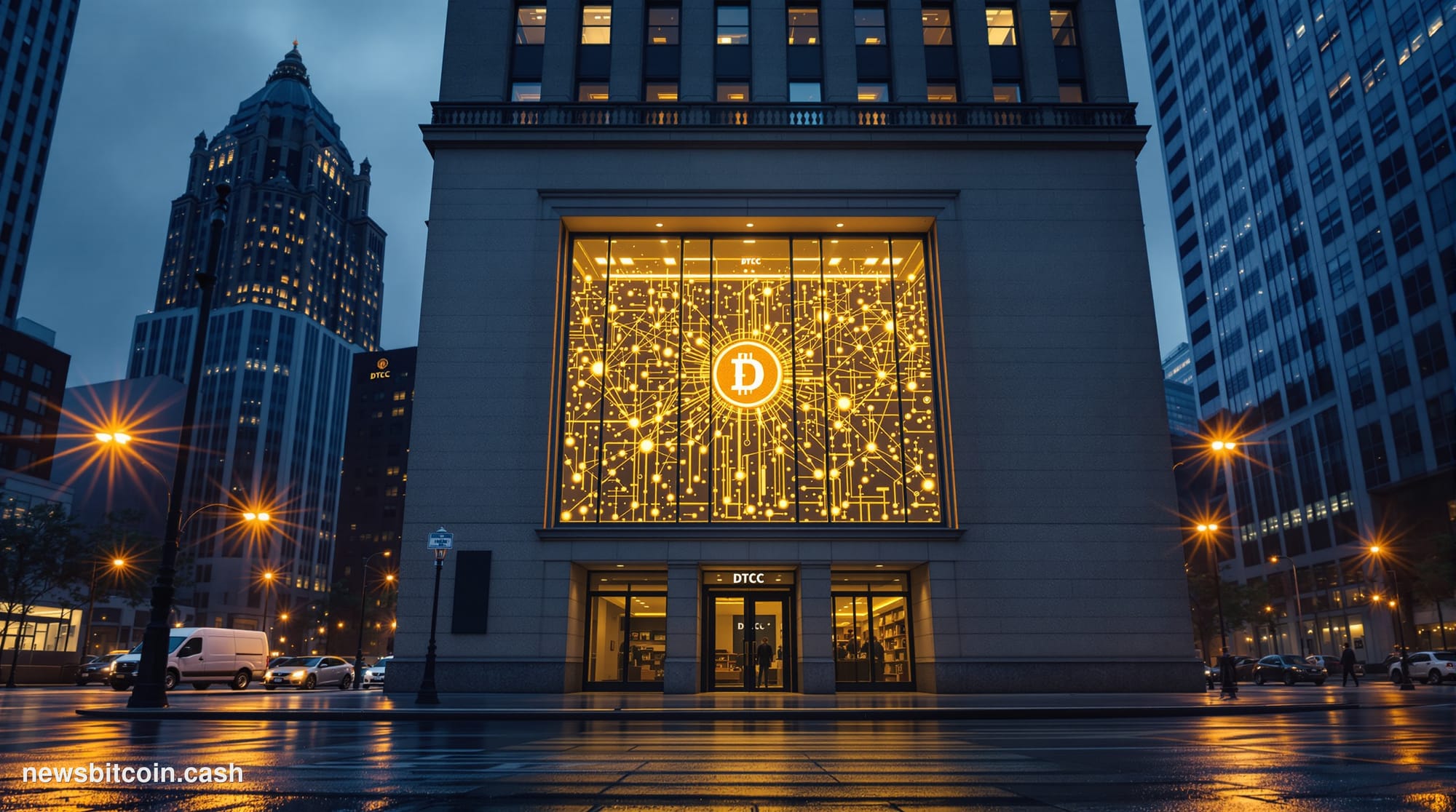 Cinematic photorealistic editorial photograph of the DTCC headquarters building in lower Manhattan, New York City, shot from 