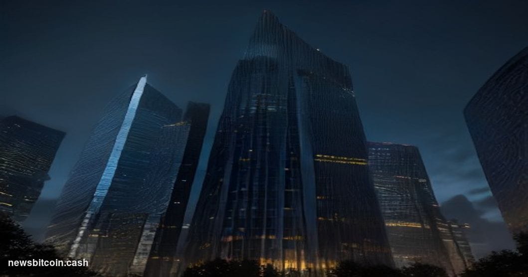 Cinematic photorealistic editorial photograph of the European Central Bank's iconic twin-tower headquarters in Frankfurt, Ger
