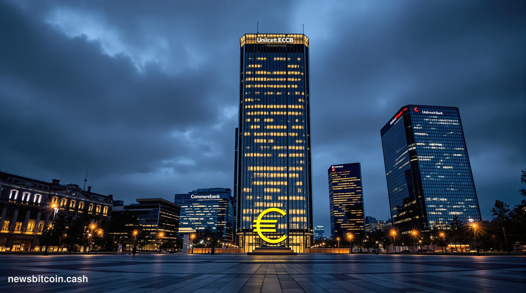 Cinematic photorealistic editorial photograph of the European Central Bank's iconic glass and steel headquarters in Frankfurt