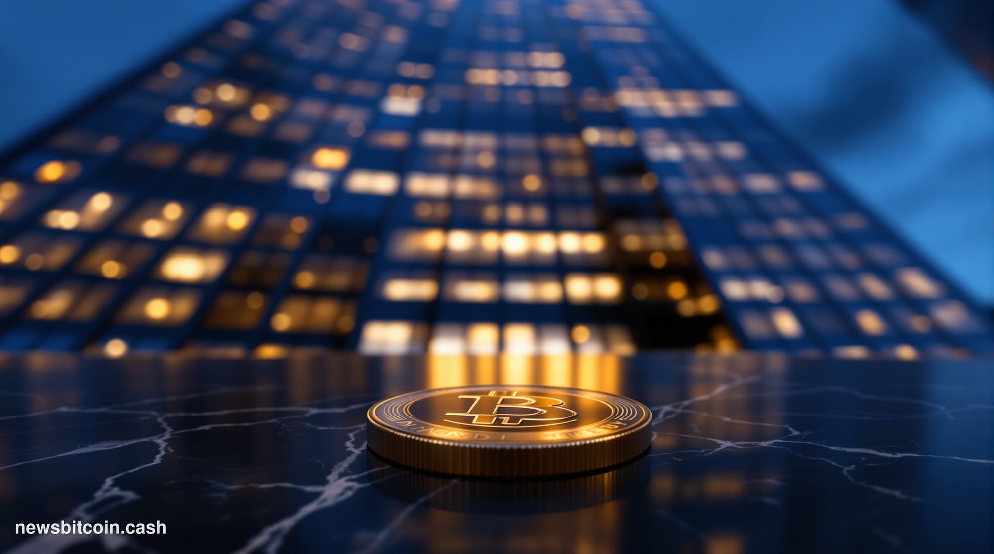 Cinematic photorealistic editorial photograph shot from a low angle looking up at a gleaming glass-and-steel financial distri