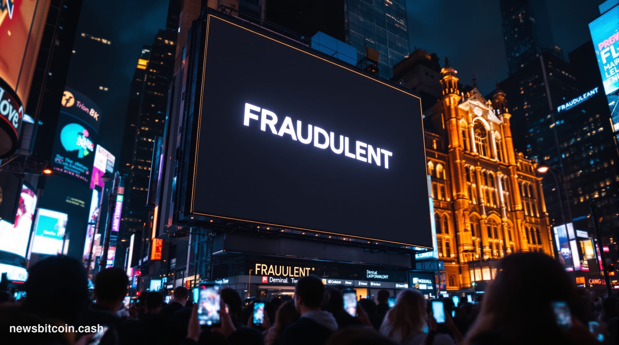 Cinematic photorealistic editorial photograph of a large social media feed displayed on an illuminated digital billboard in T