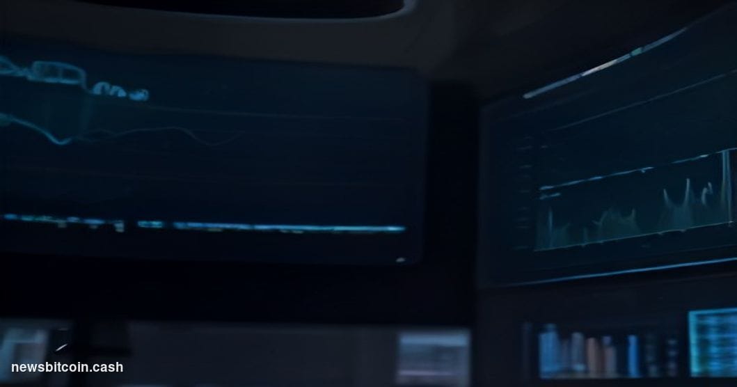 A cinematic photorealistic editorial photograph of a large financial trading floor at dusk, dominated by towering curved moni