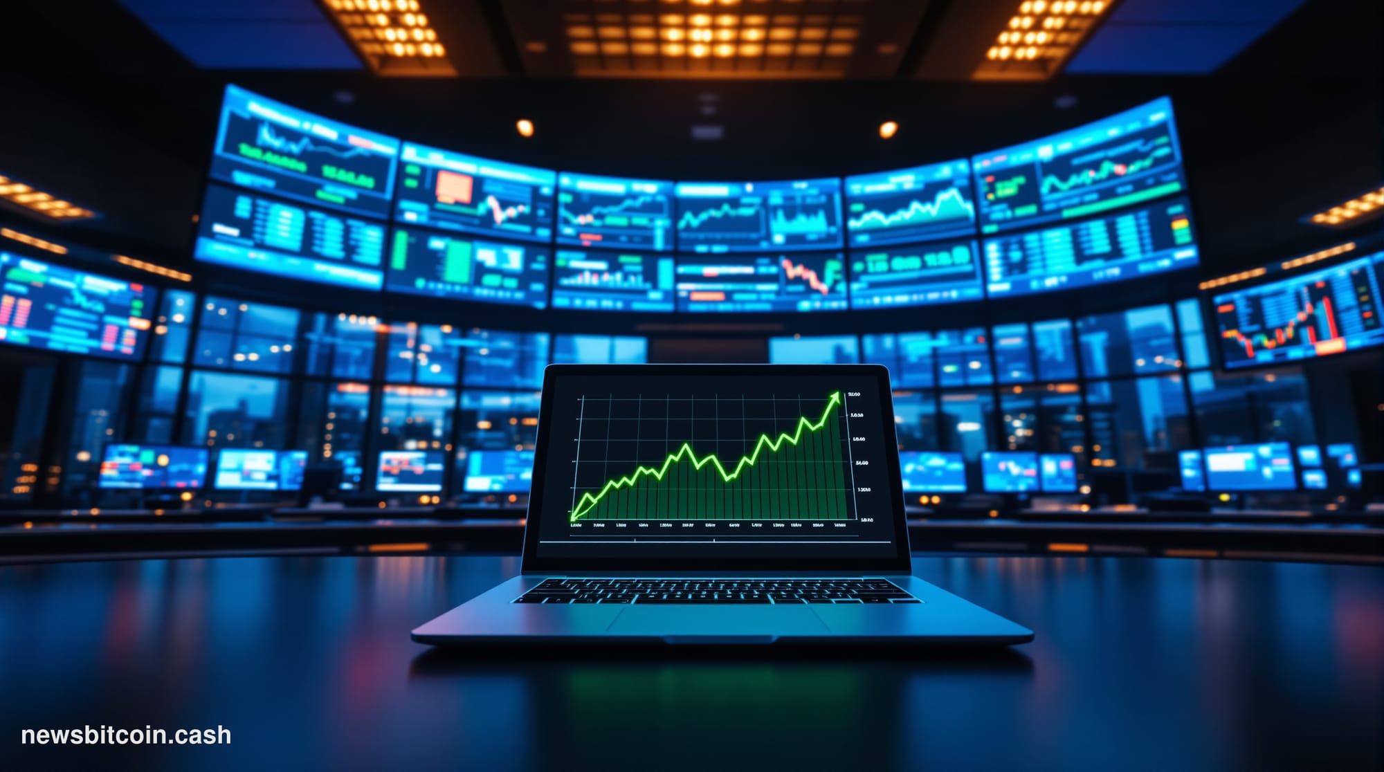 A cinematic photorealistic editorial photograph of a large trading floor environment with multiple curved screens displaying 
