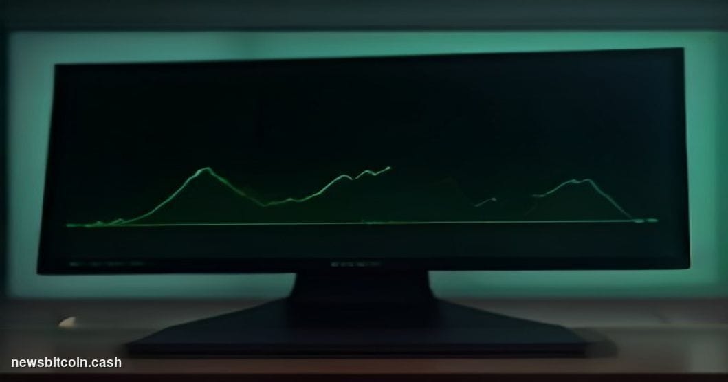 A cinematic photorealistic editorial photograph of a glowing digital trading terminal screen displaying an upward-trending pr