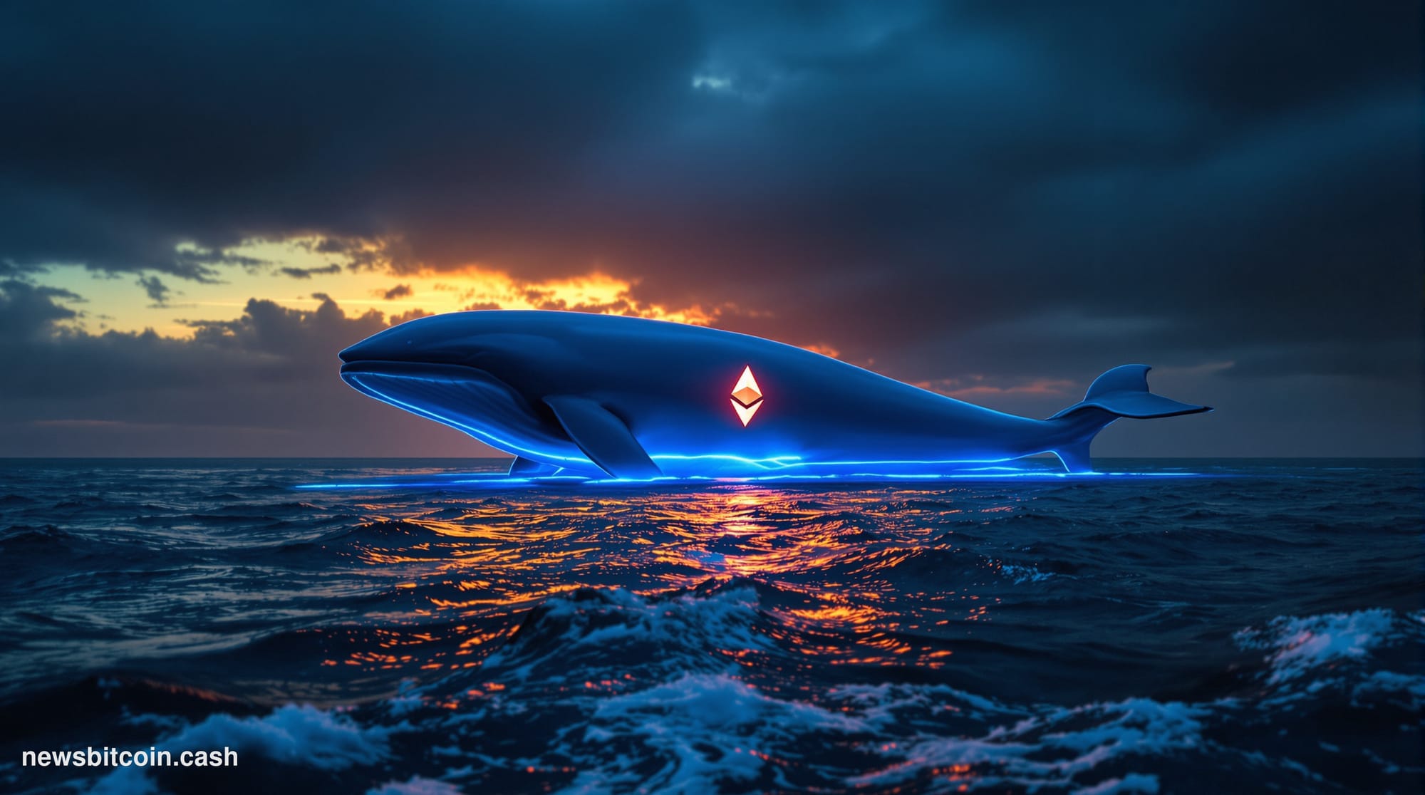 Cinematic photorealistic editorial photograph of a massive blue-lit whale sculpture submerged in a dark, dramatic ocean at du