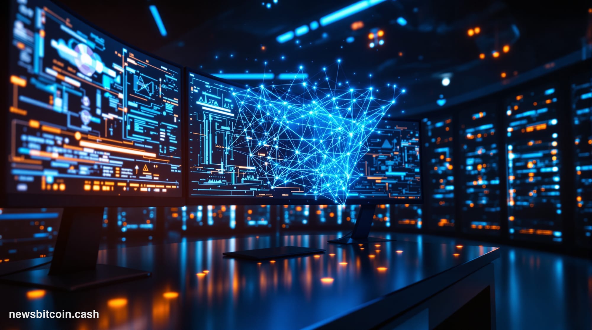 A cinematic photorealistic editorial photograph set inside a dimly lit, high-tech cryptography research lab with multiple cur