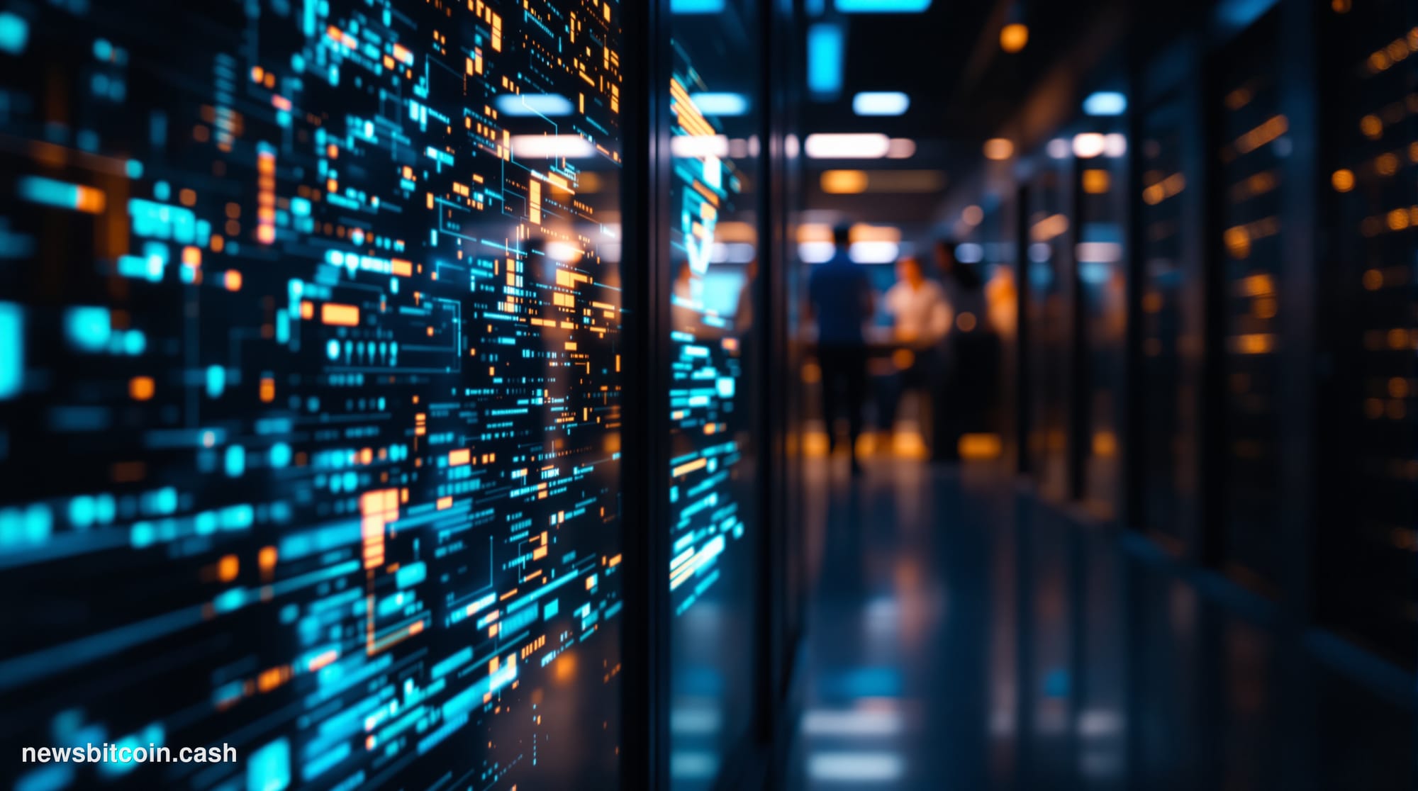 Cinematic photorealistic editorial photograph of a sleek, dimly lit server room with cool blue and deep teal lighting, where 