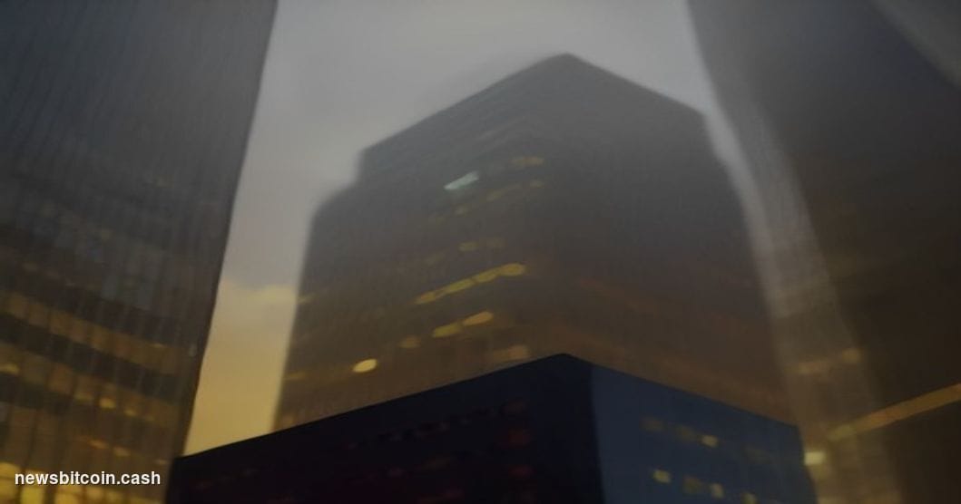 A cinematic photorealistic editorial photograph shot at golden-hour dusk, camera angled upward at a sleek modern financial te