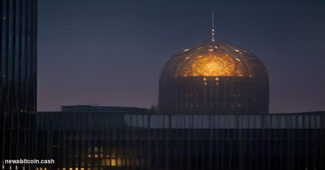 Cinematic photorealistic editorial photograph of the European Parliament building in Brussels, shot at dusk with dramatic gol