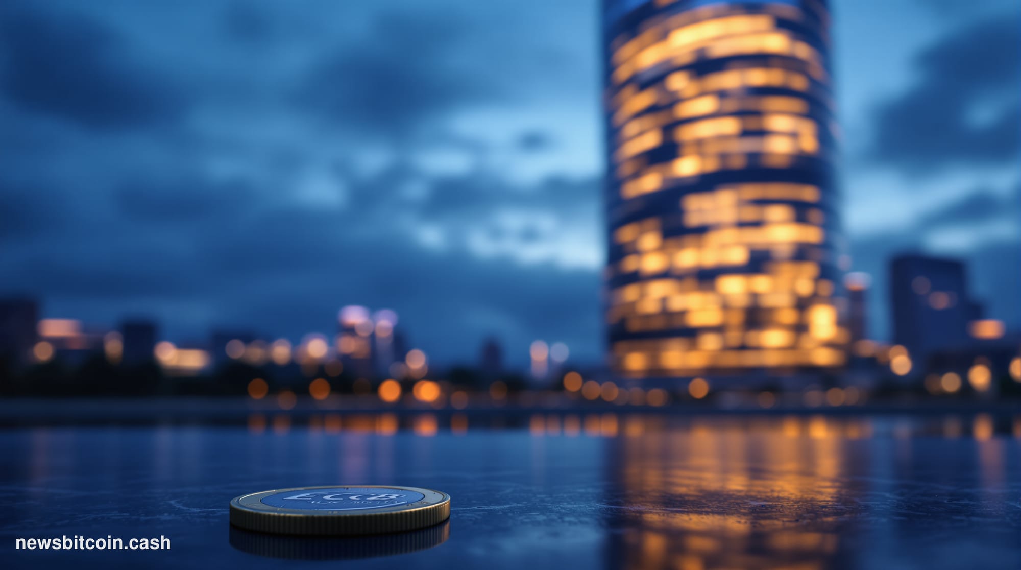 Cinematic photorealistic editorial photograph of the European Central Bank's distinctive curved glass tower headquarters in F