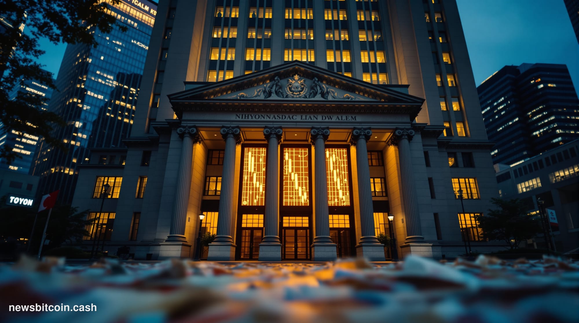 Cinematic photorealistic editorial photograph of the Bank of Japan headquarters in Tokyo's Nihonbashi financial district at d