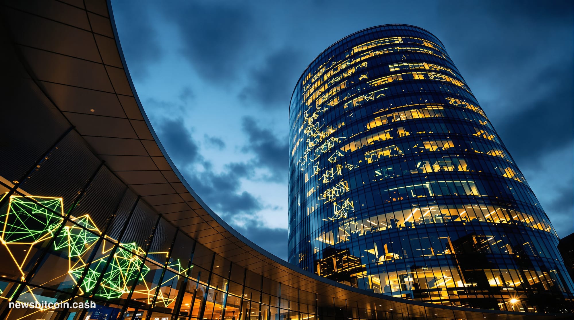 Cinematic photorealistic editorial photograph of the European Central Bank's iconic curved glass tower in Frankfurt, Germany,