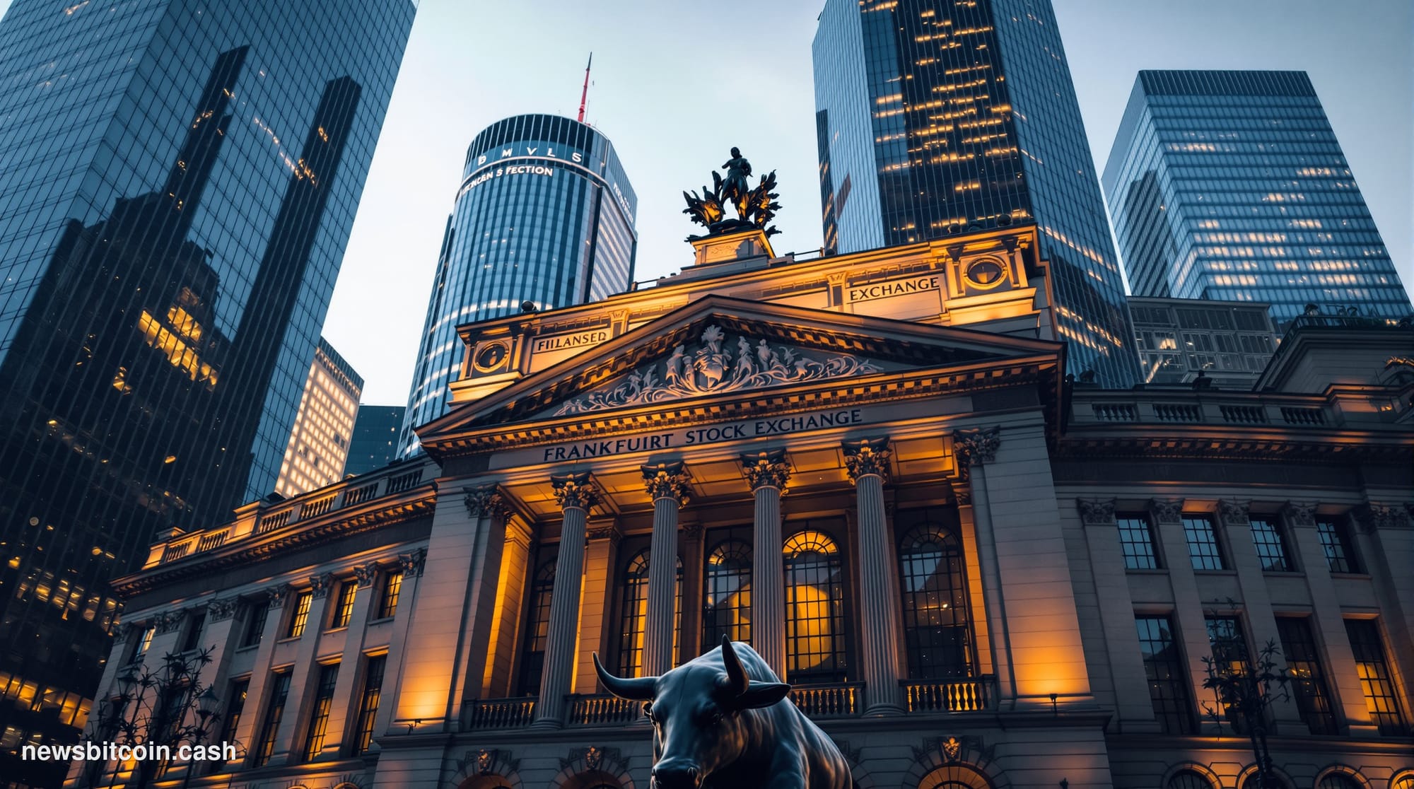 A cinematic photorealistic editorial photograph of the Frankfurt Stock Exchange (Frankfurter Wertpapierbörse) building exteri