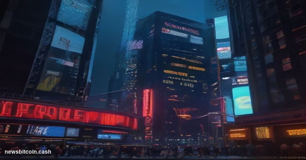 Cinematic photorealistic editorial photograph of the Nasdaq MarketSite tower in Times Square, New York City, shot at dusk wit