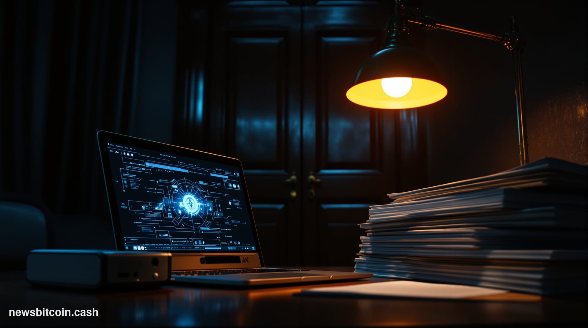 A cinematic photorealistic editorial photograph set inside a dark, imposing federal law enforcement office corridor, shot fro