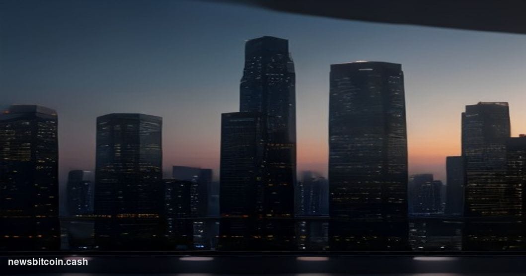 Cinematic photorealistic editorial photograph of a modern glass-and-steel financial technology office tower in Singapore's Ma