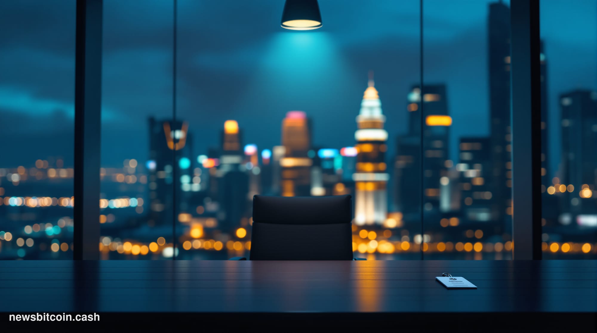 Cinematic photorealistic editorial photograph of a modern glass-and-steel financial office tower in Singapore's central busin