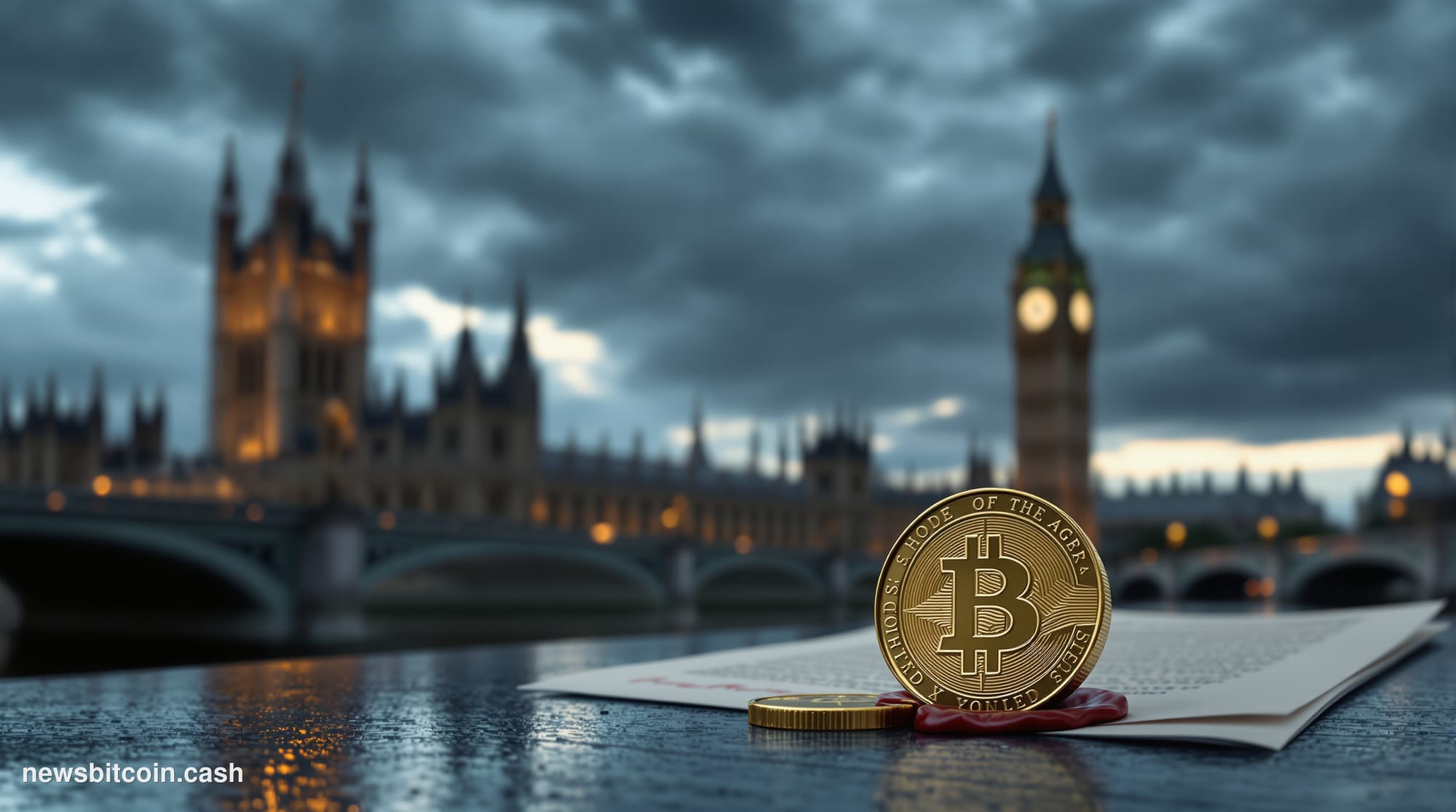 Cinematic photorealistic editorial photograph of the UK Houses of Parliament at dusk, the iconic Westminster façade reflected