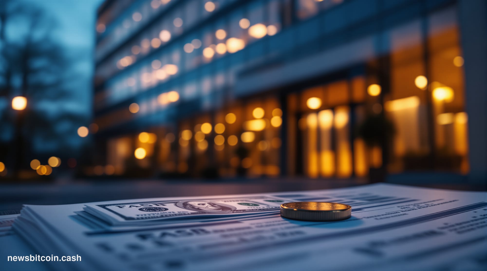 Cinematic photorealistic editorial photograph of the FASB (Financial Accounting Standards Board) offices in Norwalk, Connecti
