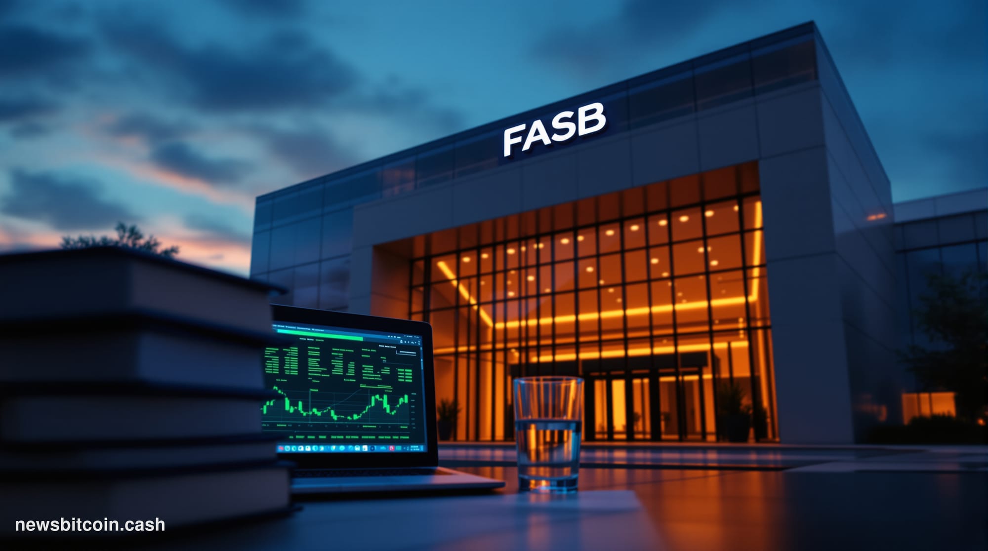 Cinematic photorealistic editorial photograph of the FASB (Financial Accounting Standards Board) headquarters building in Nor
