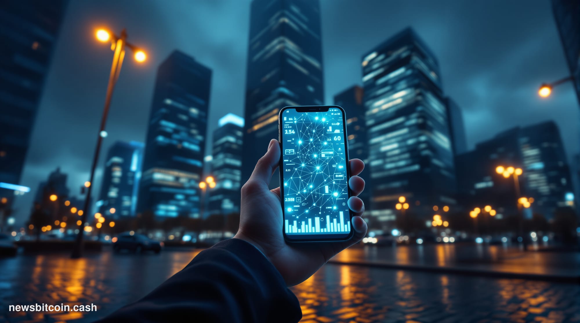 A cinematic photorealistic editorial photograph set in the City of London financial district at dusk, with the recognizable g