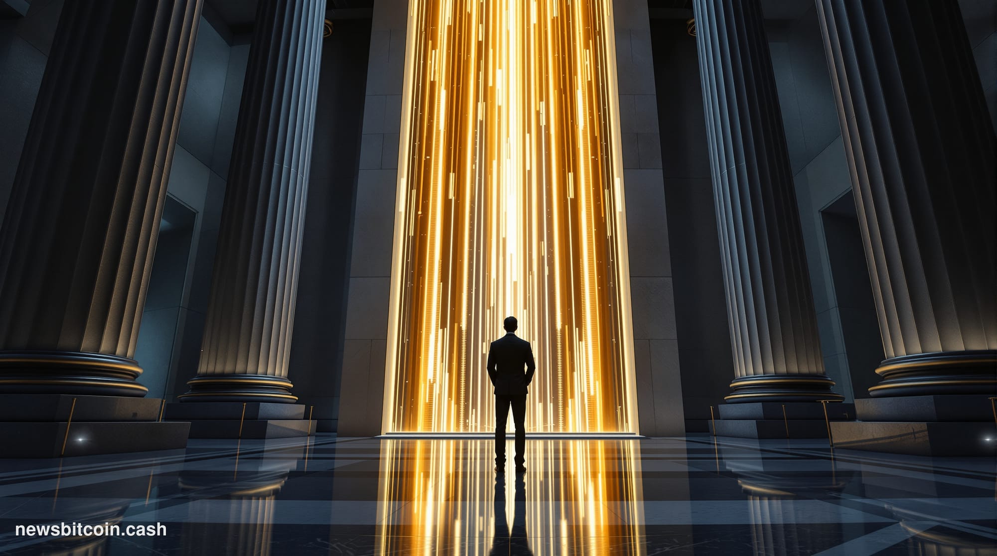 A cinematic photorealistic editorial photograph set inside a grand Federal Reserve Bank building interior, modeled on the Fed