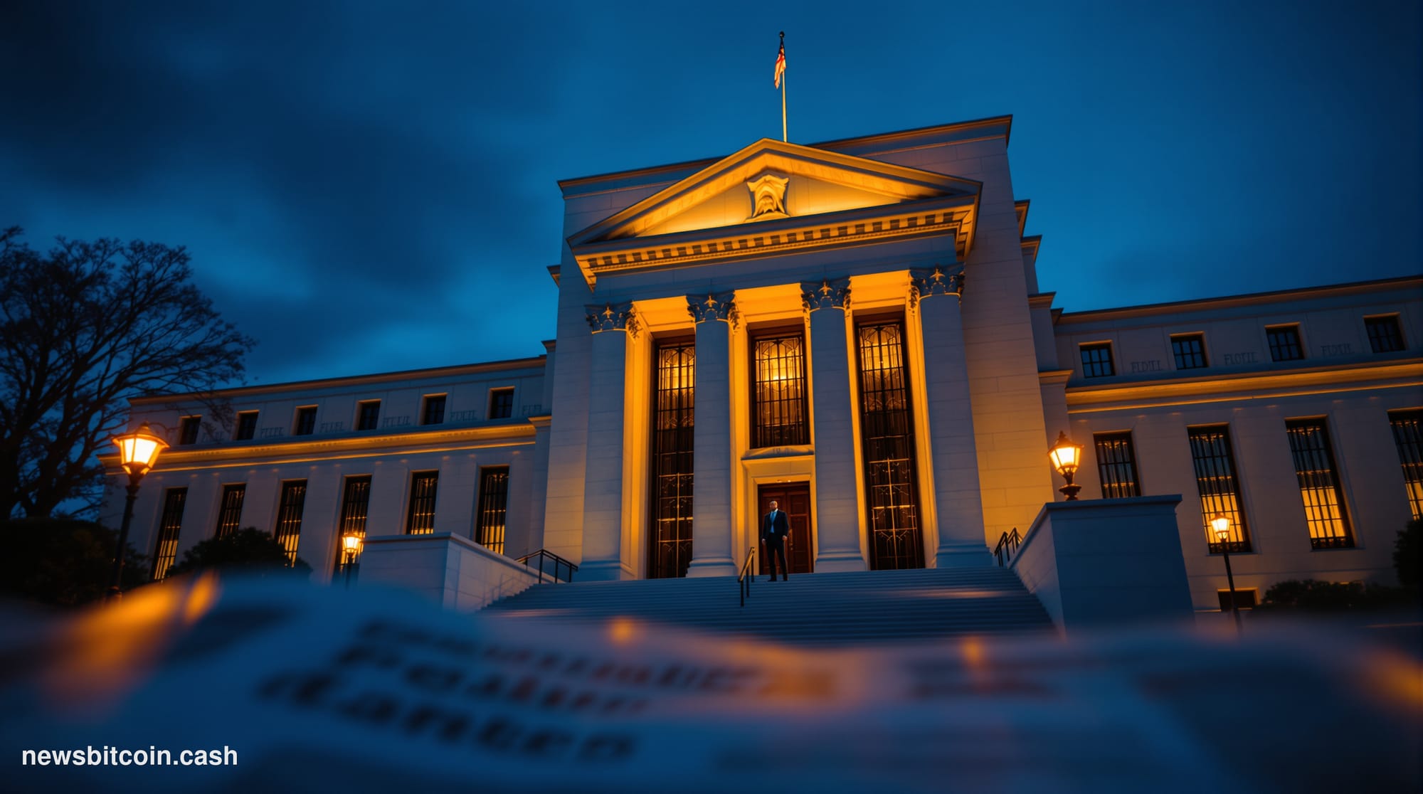 Cinematic photorealistic editorial photograph of the Federal Reserve building in Washington D.C., shot from a low angle at du