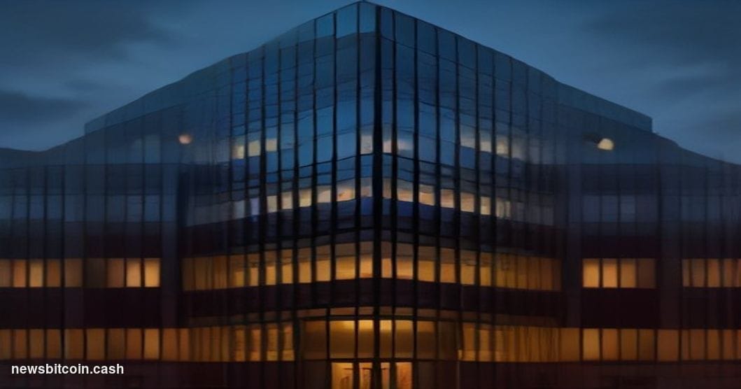 Cinematic photorealistic editorial photograph of Fidelity International's London offices at dusk, shot from a low wide angle 