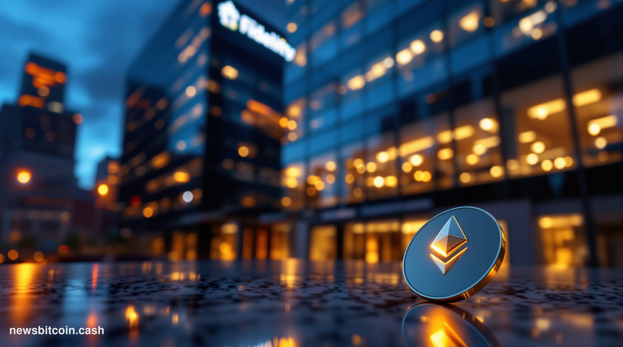 Cinematic photorealistic editorial photograph of the Fidelity Investments headquarters building in Boston, Massachusetts, sho